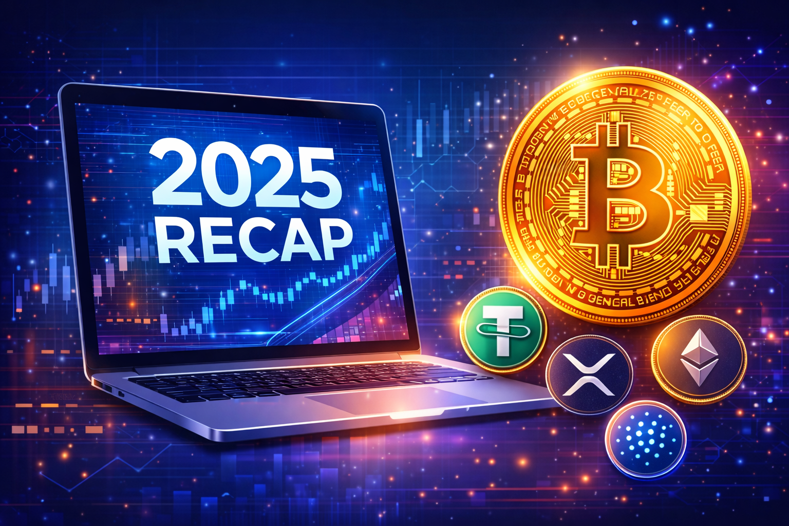 Ανασκόπηση crypto 2025: οθόνη με chart Bitcoin, τίτλοι ειδήσεων για ETFs, hacks και κανονισμούς, σε γιορτινό χρηματιστηριακό mood