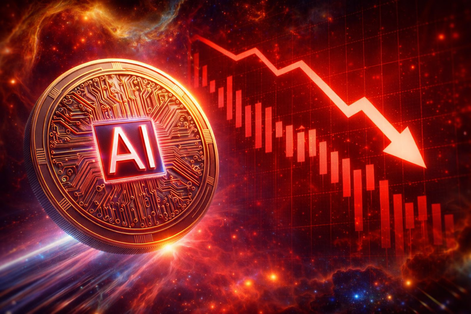 Γράφημα που απεικονίζει την απότομη πτώση της συνολικής κεφαλαιοποίησης των AI crypto tokens το 2025, με απώλειες περίπου 66% και εξαφάνιση άνω των 53 δισ. δολαρίων