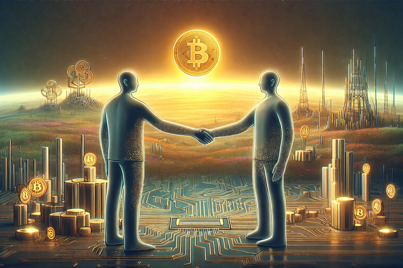 Deal season στο crypto: έγγραφα συγχώνευσης και εξαγοράς δίπλα σε νομίσματα Bitcoin και γραφήματα αγοράς, με φόντο χρηματοοικονομικό περιβάλλον 2025–2026