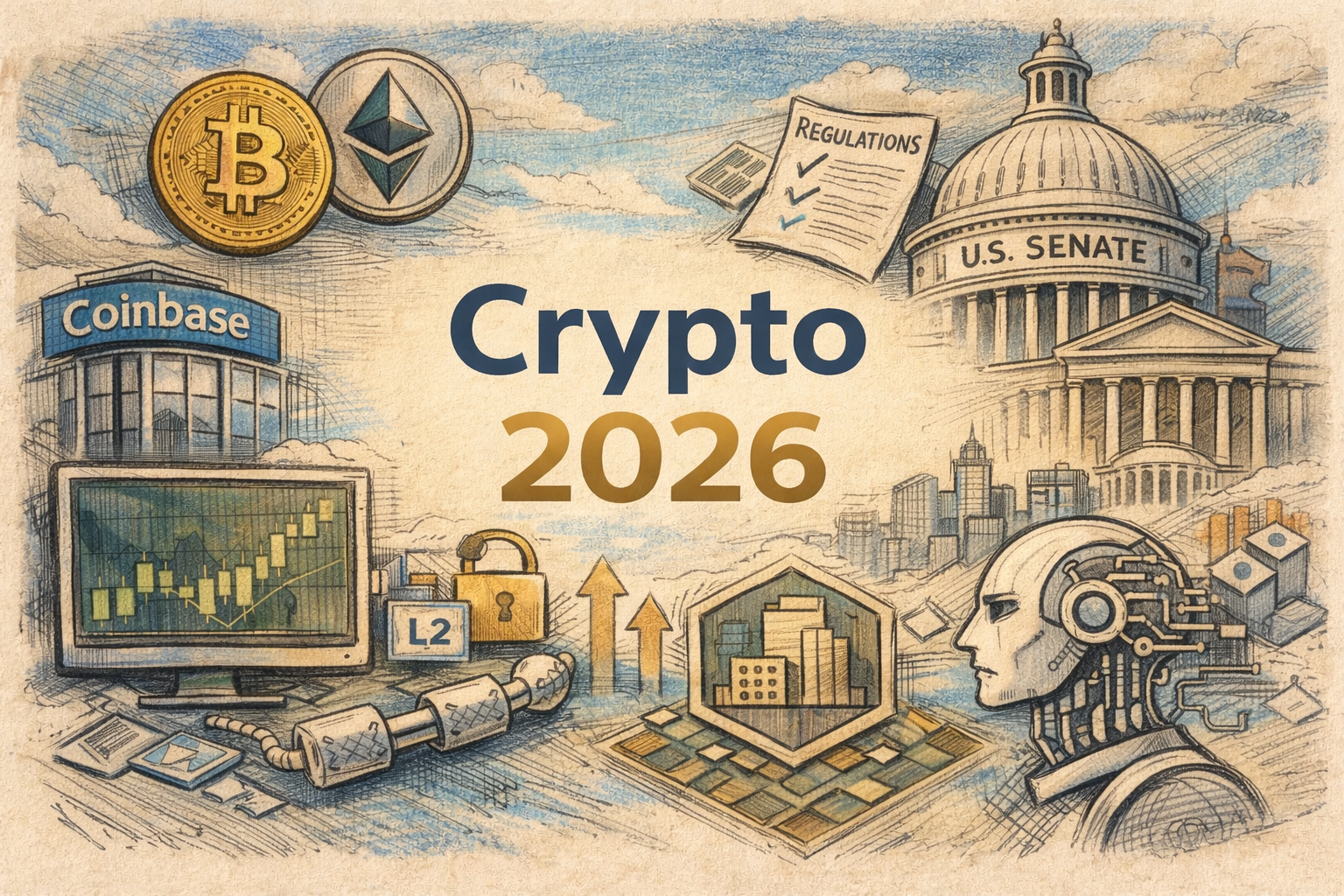 Crypto 2026 themes: οθόνη με γραφήματα Bitcoin και εικονίδια ETFs, stablecoins και tokenization σε φόντο blockchain