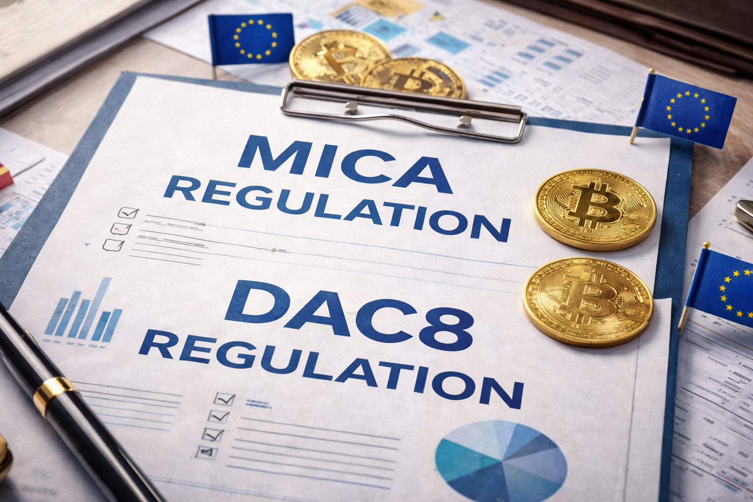 Ευρώπη 2026: MiCA και DAC8, οθόνη με γραφήματα crypto και ευρωπαϊκά σύμβολα κανονισμών, με εικονίδια ανταλλακτηρίων και φορολογικής αναφοράς