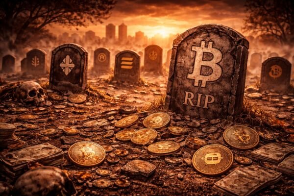 Crypto market collapse illustration showing thousands of failed tokens and market data charts, representing the 2025 crypto mass extinction