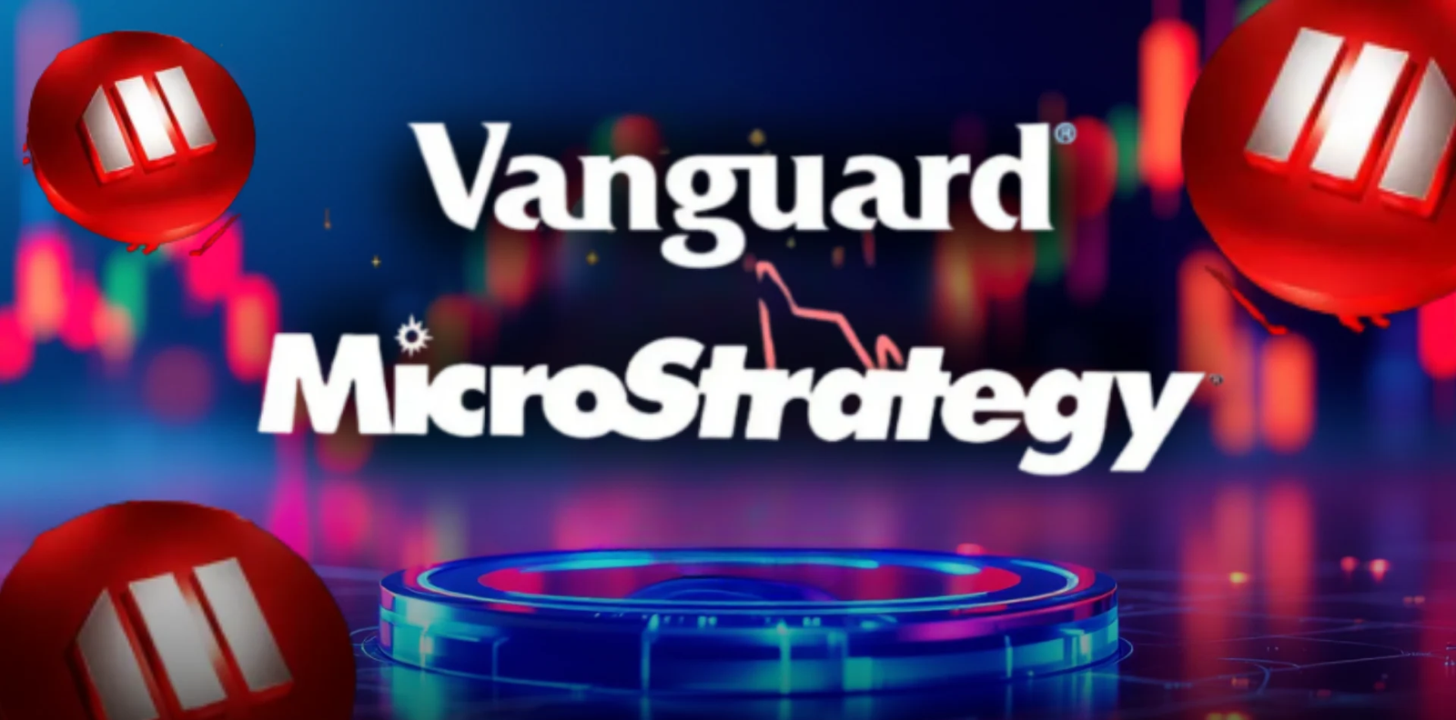 Γράφημα μετοχής MicroStrategy (MSTR) και λογότυπα Vanguard και Bitcoin, που δείχνει την πρόσφατη θεσμική επένδυση και την άνοδο ενδιαφέροντος για Bitcoin μέσω μετοχών