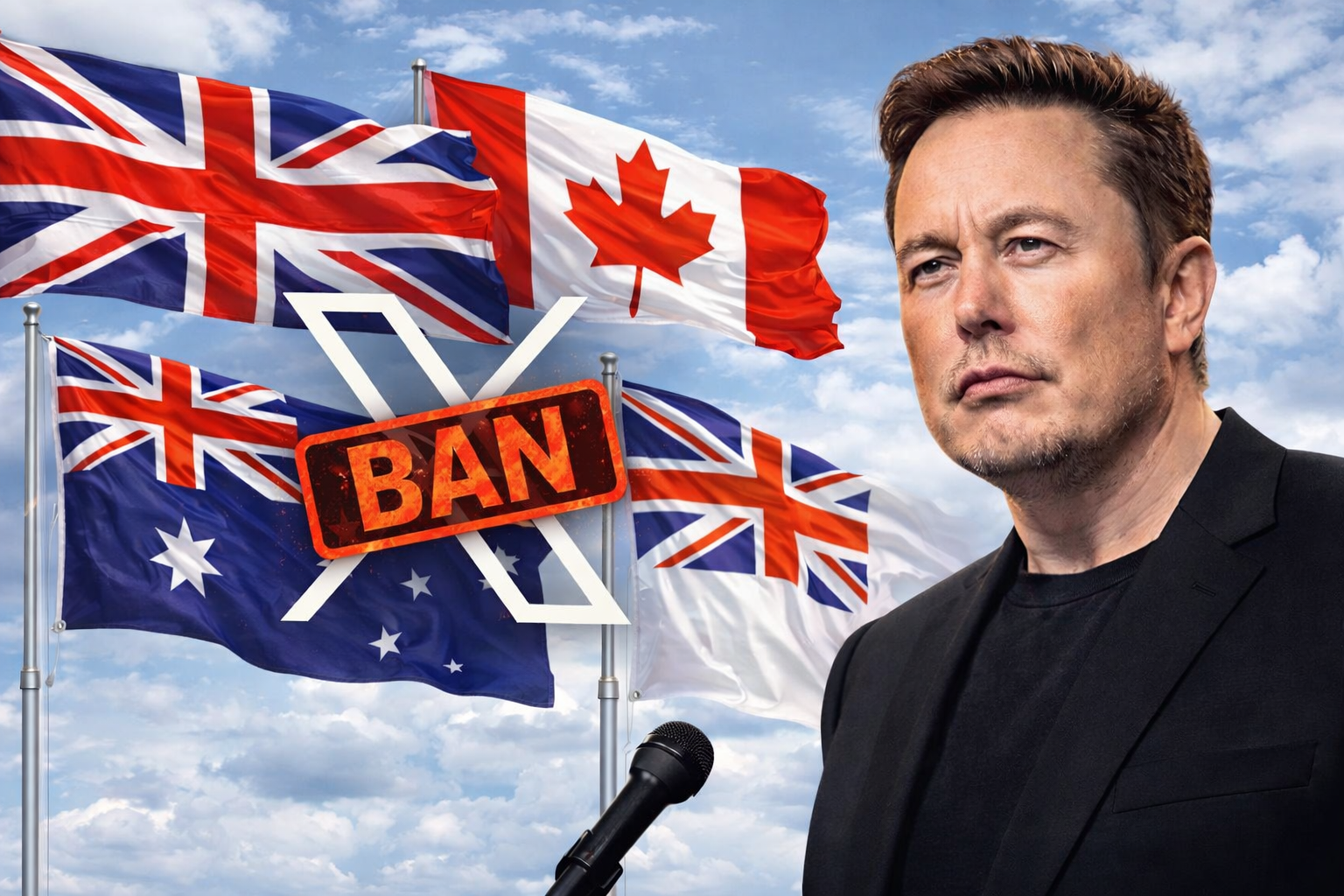 Elon Musk και το λογότυπο του X καθώς UK, Καναδάς και Αυστραλία αυξάνουν τη ρυθμιστική πίεση στην πλατφόρμα για AI περιεχόμενο και online ασφάλεια
