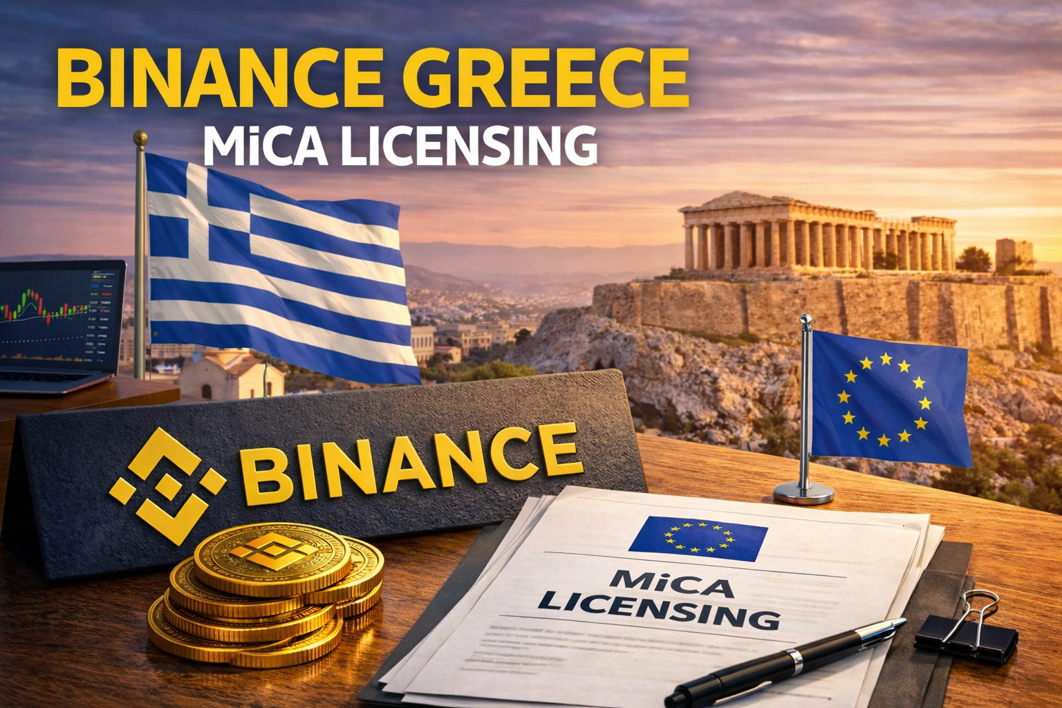 Binance logo with European Union flag background symbolizing MiCA regulation and crypto licensing in Europe
