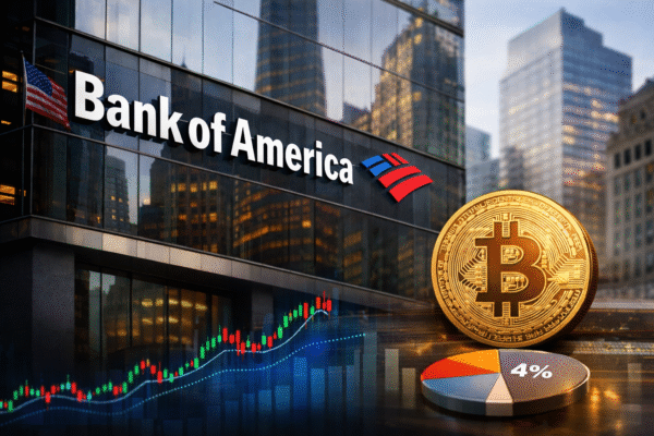 Bank of America building with Bitcoin symbol, representing the bank’s shift toward advisor-recommended crypto exposure and institutional acceptance of digital assets