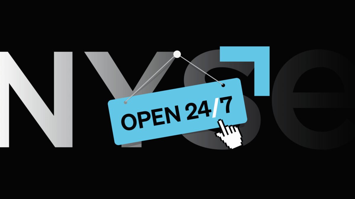 NYSE building in New York with digital trading concept and 24/7 tokenized stock market background