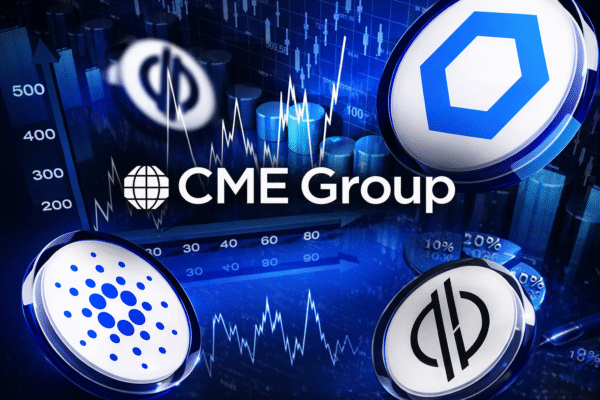 CME Group headquarters, Cardano ADA Chainlink LINK and Stellar XLM logos, institutional crypto futures launch, regulated crypto derivatives market
