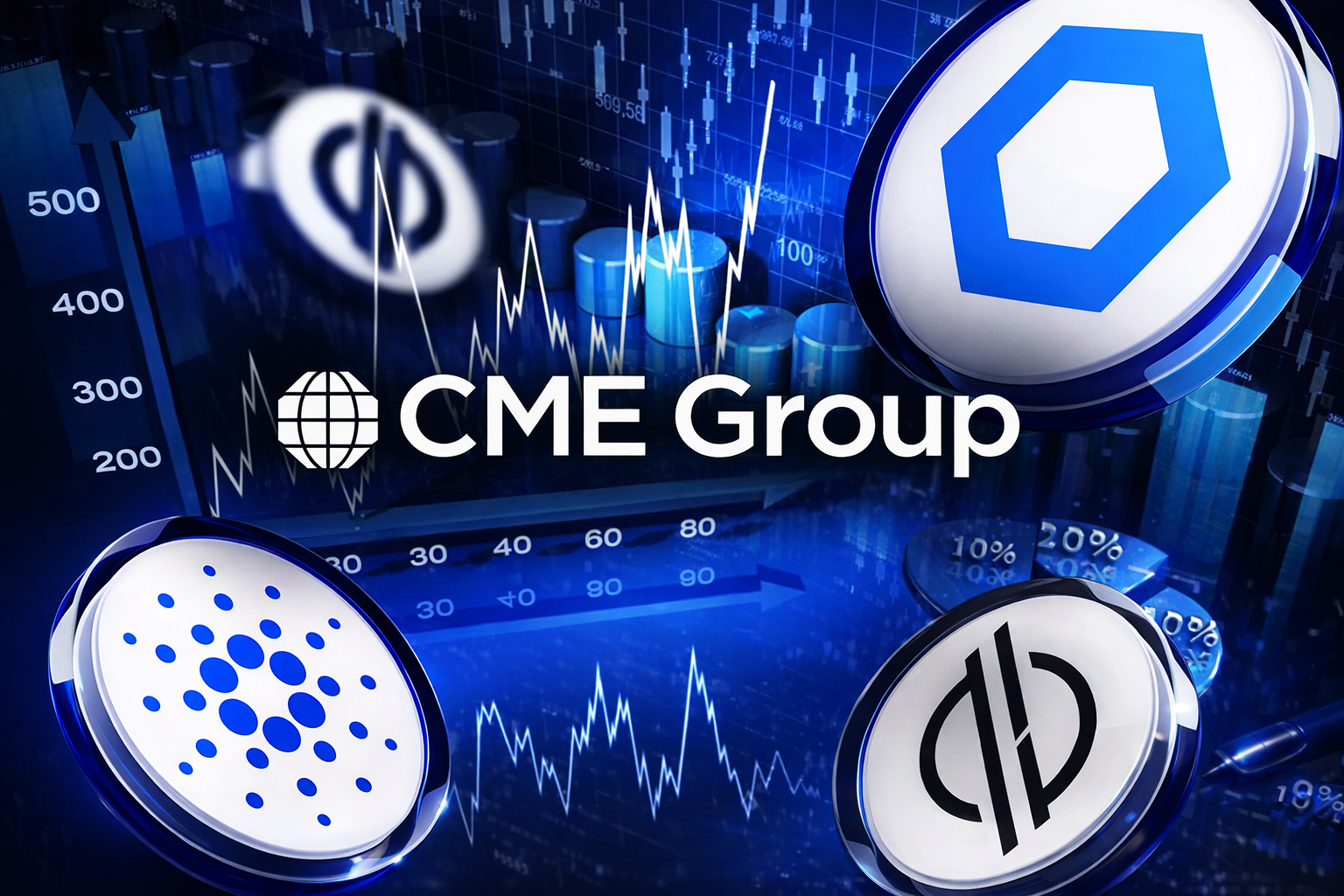 CME Group headquarters, Cardano ADA Chainlink LINK and Stellar XLM logos, institutional crypto futures launch, regulated crypto derivatives market