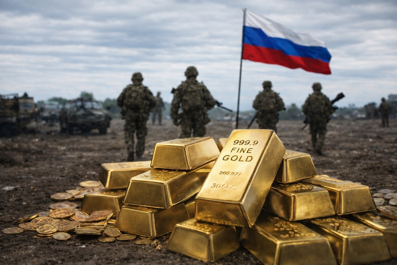 Ρωσικά ράβδοι χρυσού με φόντο τη ρωσική σημαία και στρατιωτικό χάρτη της Ουκρανίας, συμβολίζοντας τη χρηματοδότηση του πολέμου από τα αποθεματικά