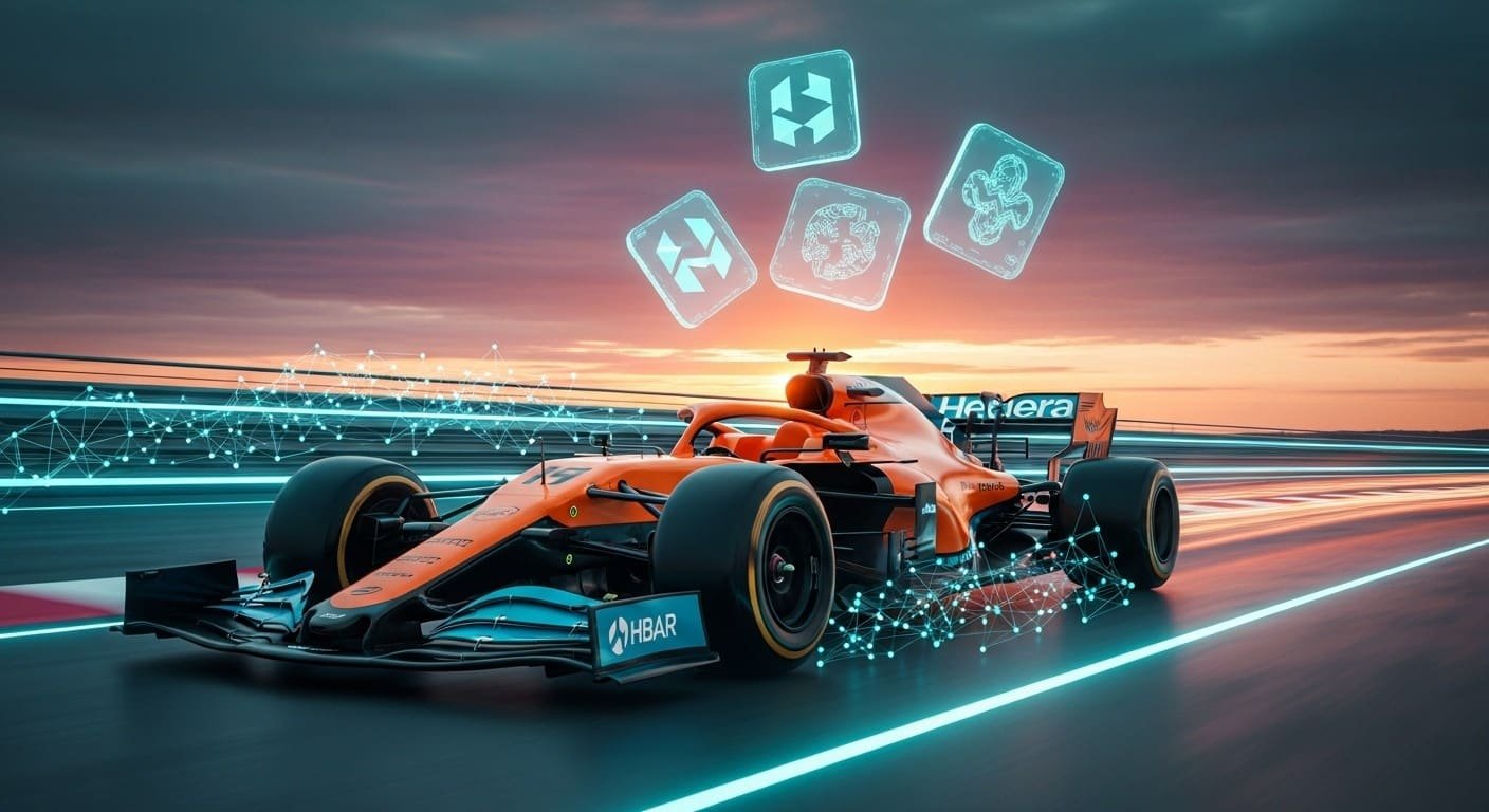 McLaren Formula 1 car with Hedera branding during race weekend highlighting blockchain partnership and Web3 fan collectibles