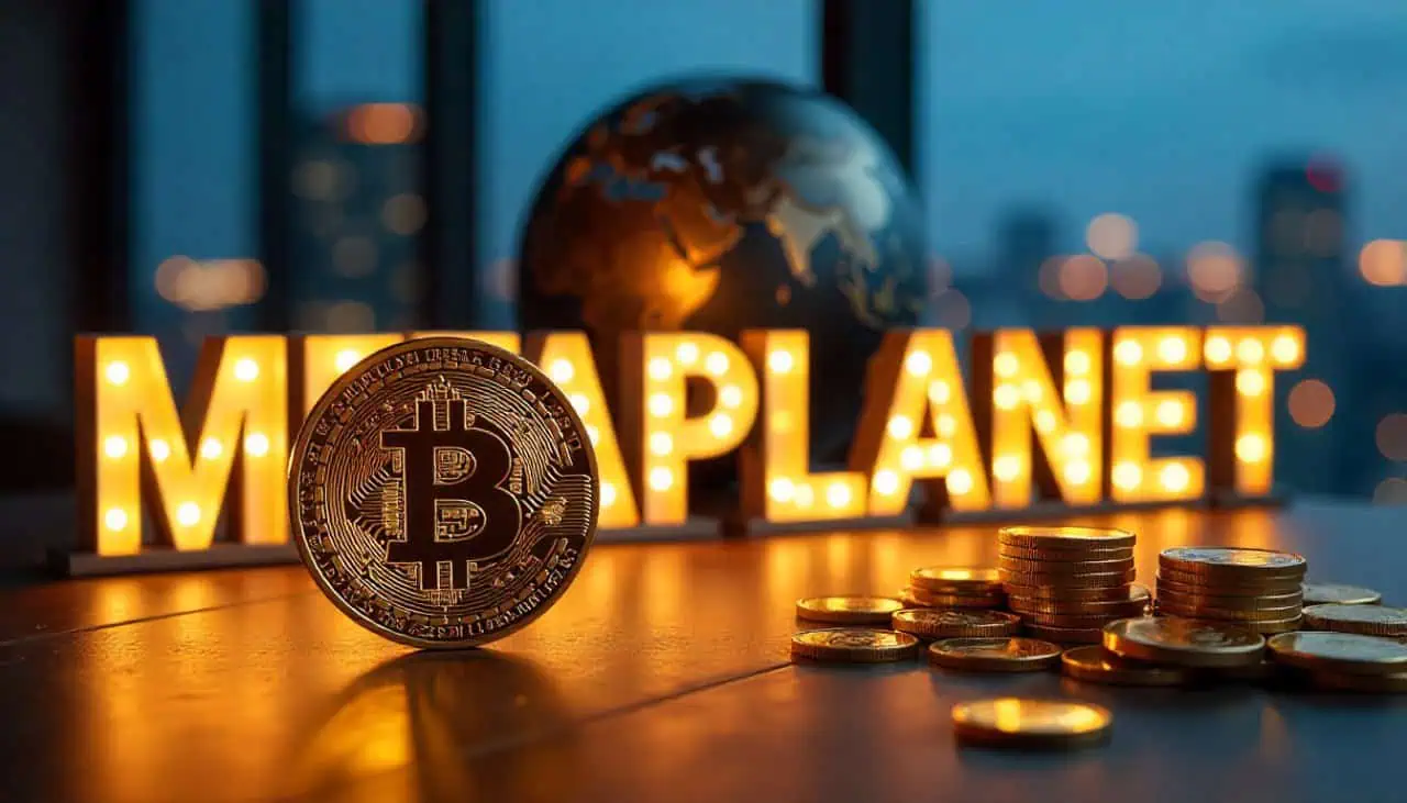 Το λογότυπο της Metaplanet με γράφημα τιμής Bitcoin στο φόντο και τίτλο για λογιστικές ζημιές $680 εκατ. το 2025