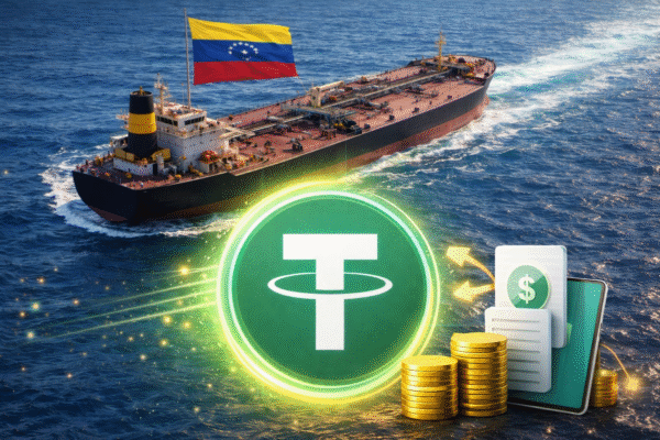 Oil tanker transporting crude oil with a digital USDT symbol overlay, illustrating Venezuela’s use of stablecoins to settle oil payments under U.S. sanctions