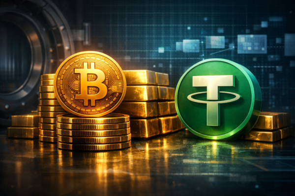 Tether USDT logo with gold bars and financial charts in the background, highlighting Tether’s record crypto revenue in 2025 and major gold purchases in Q4