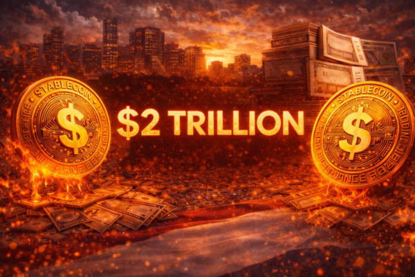 Γραφική απεικόνιση stablecoins με φόντο το Καπιτώλιο των ΗΠΑ και αμερικανικά ομόλογα, που συμβολίζει πιθανή άνοδο της αγοράς στα 2 τρισεκατομμύρια δολάρια και αυξημένη ζήτηση για Treasury bills.