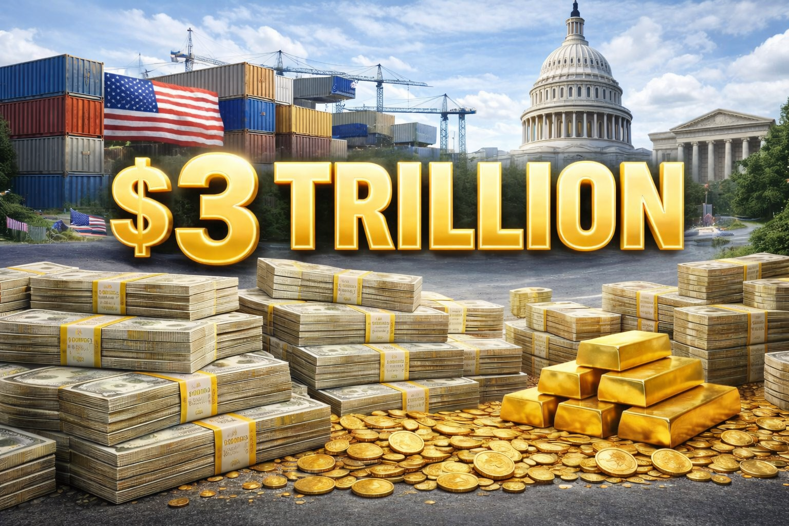 Donald Trump with U.S. flag background and trade graphics, illustrating CBO estimates that tariffs could reduce the federal deficit over the next decade.