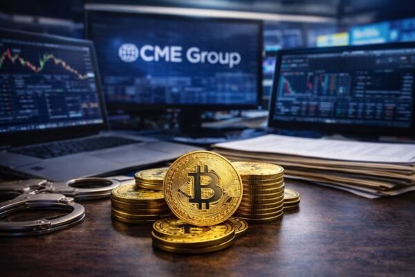 CME Group headquarters building with digital Bitcoin symbol overlay, illustrating the launch of 24/7 cryptocurrency futures and options trading.