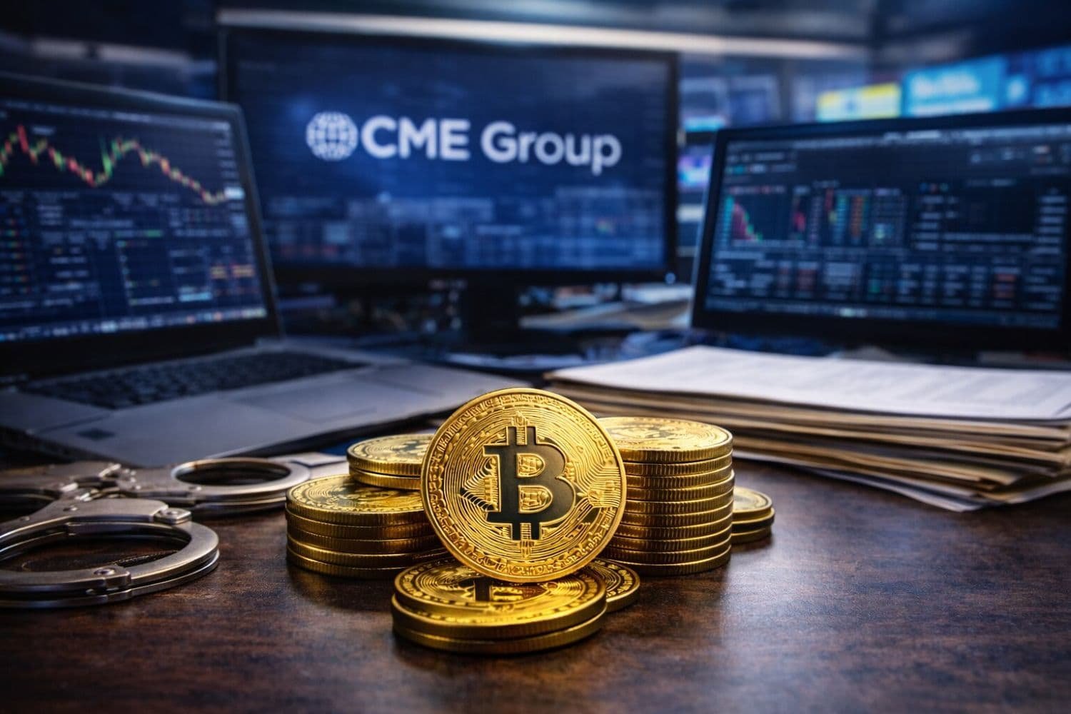 CME Group headquarters building with digital Bitcoin symbol overlay, illustrating the launch of 24/7 cryptocurrency futures and options trading.
