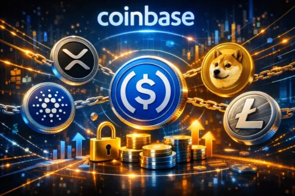 Coinbase platform interface showing crypto loan feature with XRP, Dogecoin, Cardano and Litecoin as collateral options and USDC borrowing up to 100000 dollars