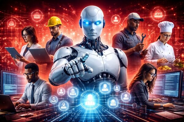 Artificial Intelligence concept image showing a human worker silhouette facing a digital AI interface with data streams and automation graphics, symbolizing AI impact on 93% of U.S. jobs