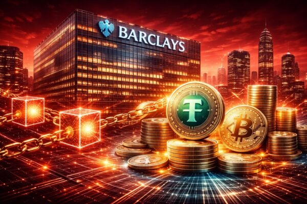 Το λογότυπο της Barclays μπροστά από ψηφιακό φόντο με blockchain γραμμές και εικονικά tokens που συμβολίζουν stablecoins και tokenized deposits σε τραπεζικό περιβάλλον.