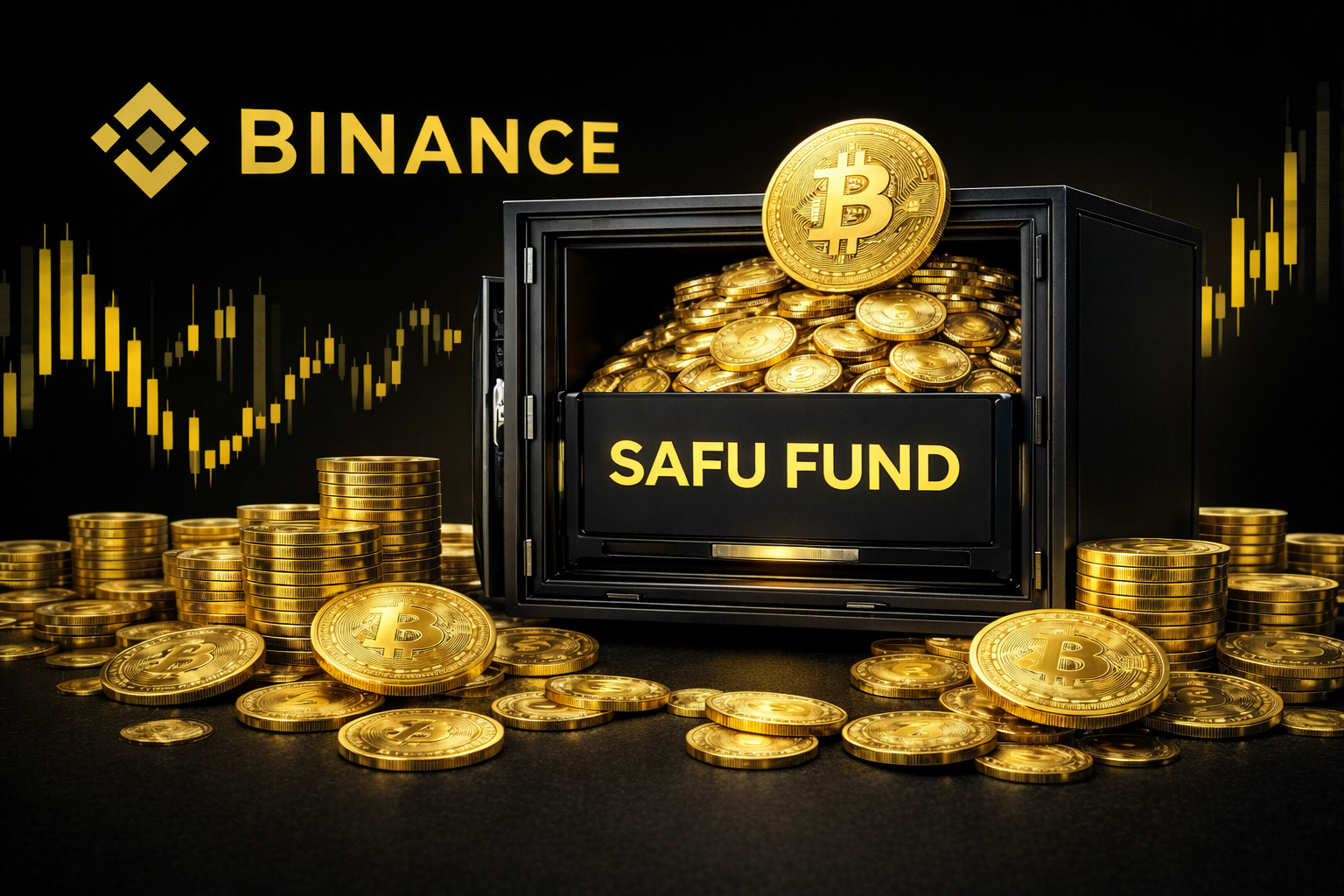 Το λογότυπο της Binance μπροστά από στοίβες Bitcoin και σύμβολο ασφάλειας, που απεικονίζει το SAFU insurance fund και τη μετατροπή του σε BTC