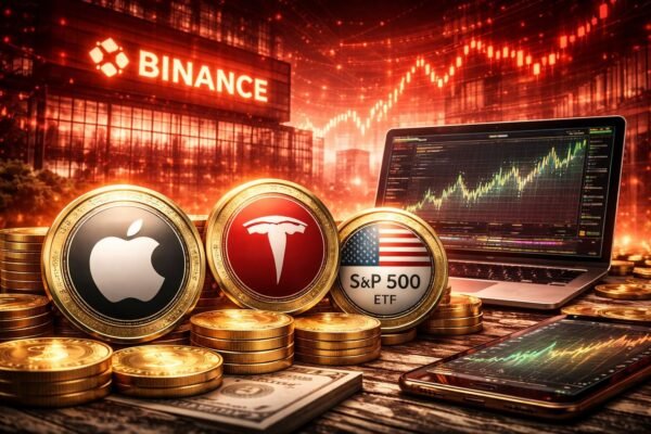 Οθόνη υπολογιστή με γράφημα μετοχών και λογότυπα Binance και Ondo Finance, υποδηλώνοντας την επάνοδο των tokenized U.S. stocks στην πλατφόρμα