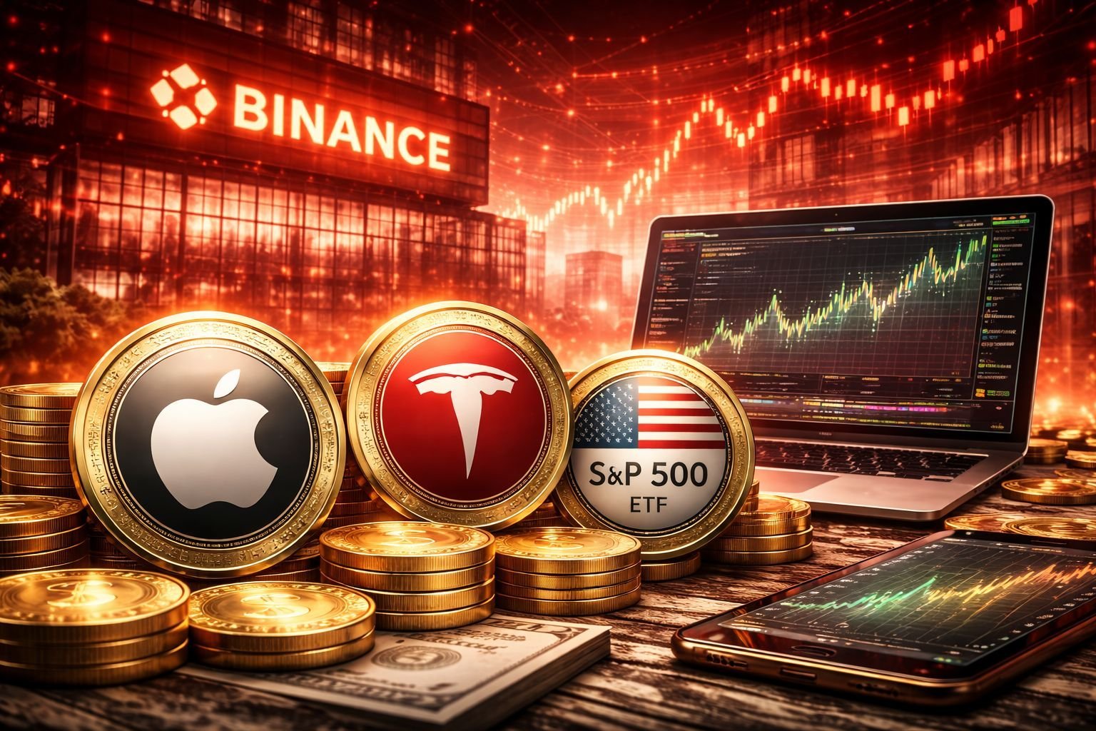 Οθόνη υπολογιστή με γράφημα μετοχών και λογότυπα Binance και Ondo Finance, υποδηλώνοντας την επάνοδο των tokenized U.S. stocks στην πλατφόρμα
