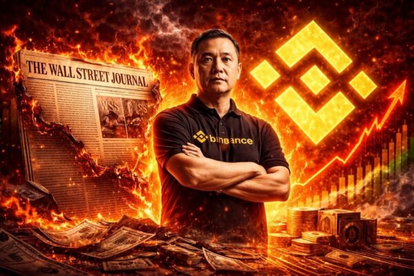 Ο CEO της Binance Richard Teng σε επίσημη εκδήλωση, με φόντο λογότυπο της Binance και τίτλο για την αντιπαράθεση με τη Wall Street Journal σχετικά με κατηγορίες περί κυρώσεων και Ιράν.