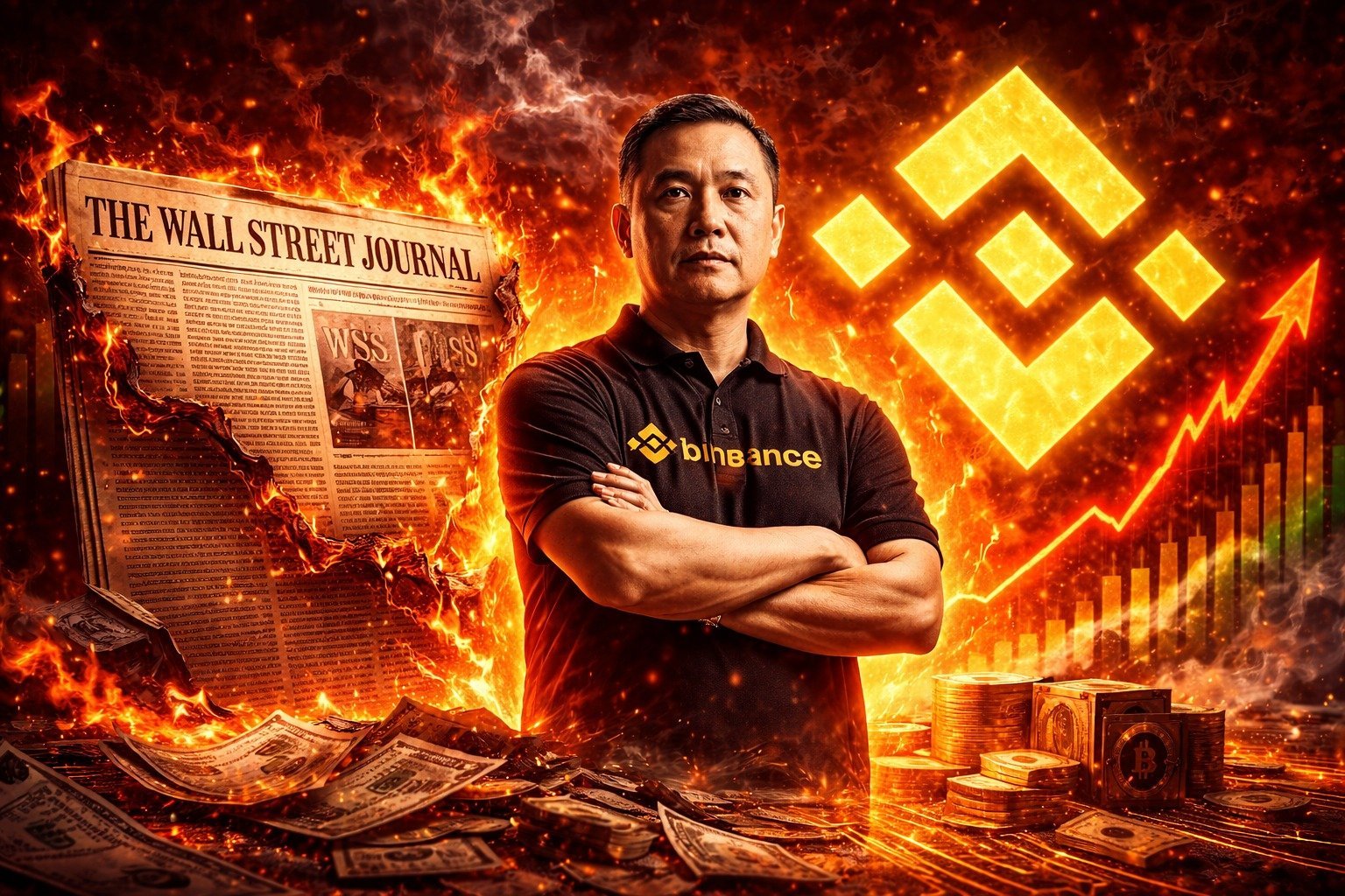 Ο CEO της Binance Richard Teng σε επίσημη εκδήλωση, με φόντο λογότυπο της Binance και τίτλο για την αντιπαράθεση με τη Wall Street Journal σχετικά με κατηγορίες περί κυρώσεων και Ιράν.
