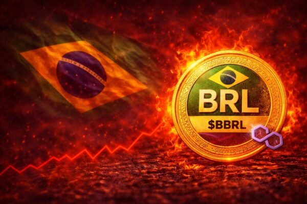 Το λογότυπο του Banco Braza δίπλα σε γραφικό του βραζιλιάνικου Real και ένδειξη BBRL πάνω στο δίκτυο Polygon, συμβολίζοντας την κυκλοφορία του Real-backed stablecoin στη Βραζιλία.