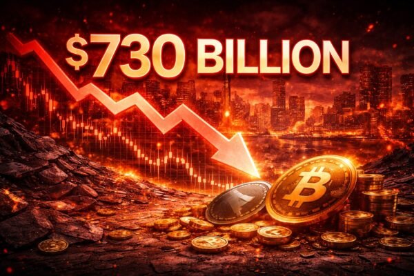 Crypto market cap chart showing $730 billion loss in 100 days with sharp decline across Bitcoin and major altcoins
