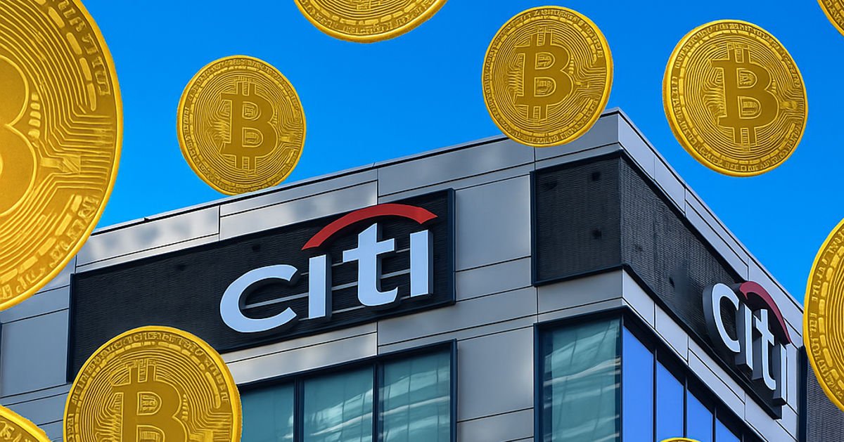 Κτίριο Citigroup σε οικονομικό κέντρο με γραφικά Bitcoin/crypto overlay που συμβολίζουν ενσωμάτωση του BTC σε τραπεζική υποδομή.