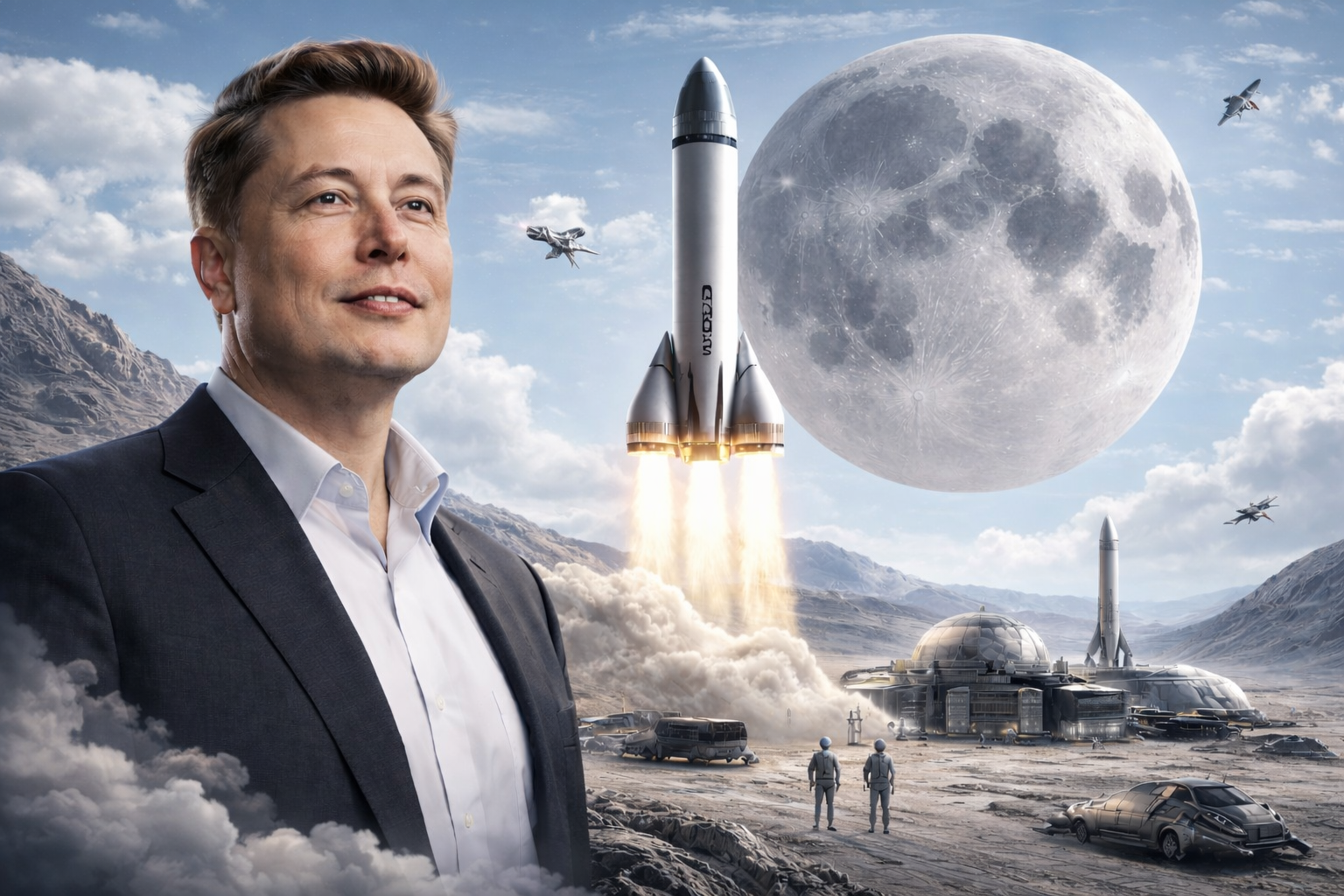 Elon Musk και το διαστημόπλοιο Starship της SpaceX με φόντο τη Σελήνη και αναφορά σε μελλοντικά ταξίδια ανθρώπων στο φεγγάρι