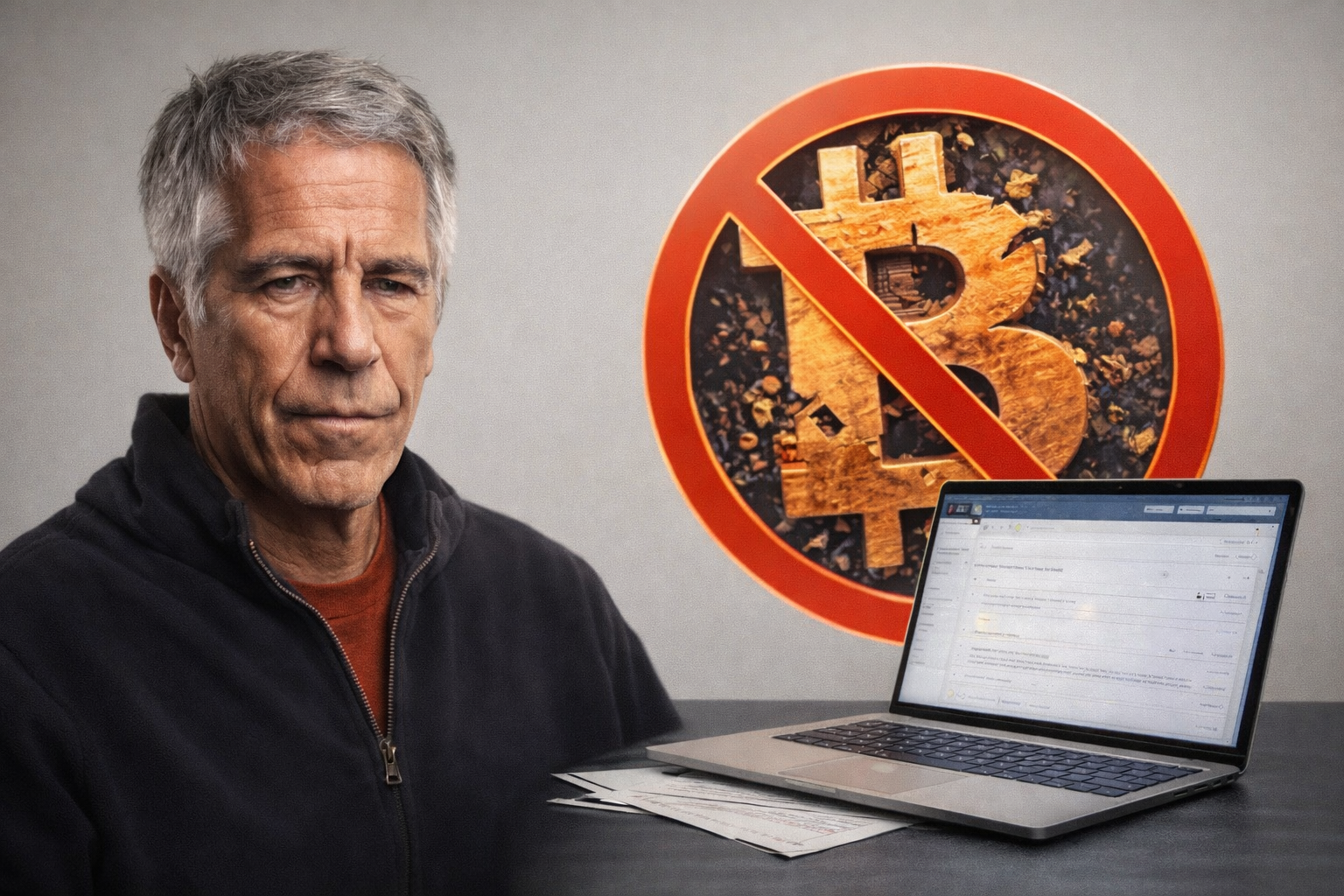 Jeffrey Epstein portrait with documents background as newly released emails spark discussion about Bitcoin warning
