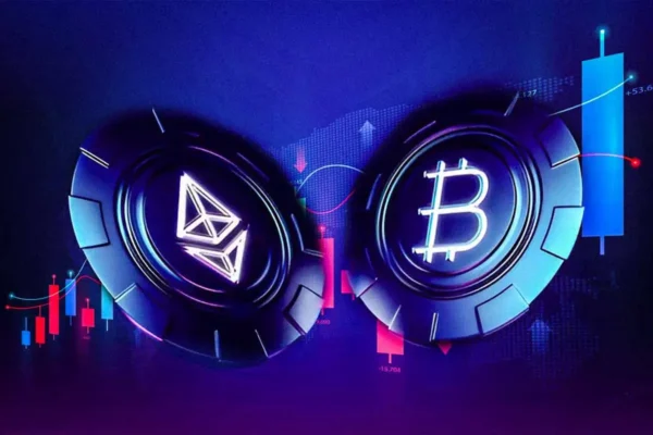 Γράφημα open interest Bitcoin και Ethereum options με συνολική ονομαστική αξία 8,4 δισ. δολαρίων, max pain στα 75.000 δολάρια για το Bitcoin και 2.200 δολάρια για το Ethereum πριν από τη λήξη της Παρασκευής.