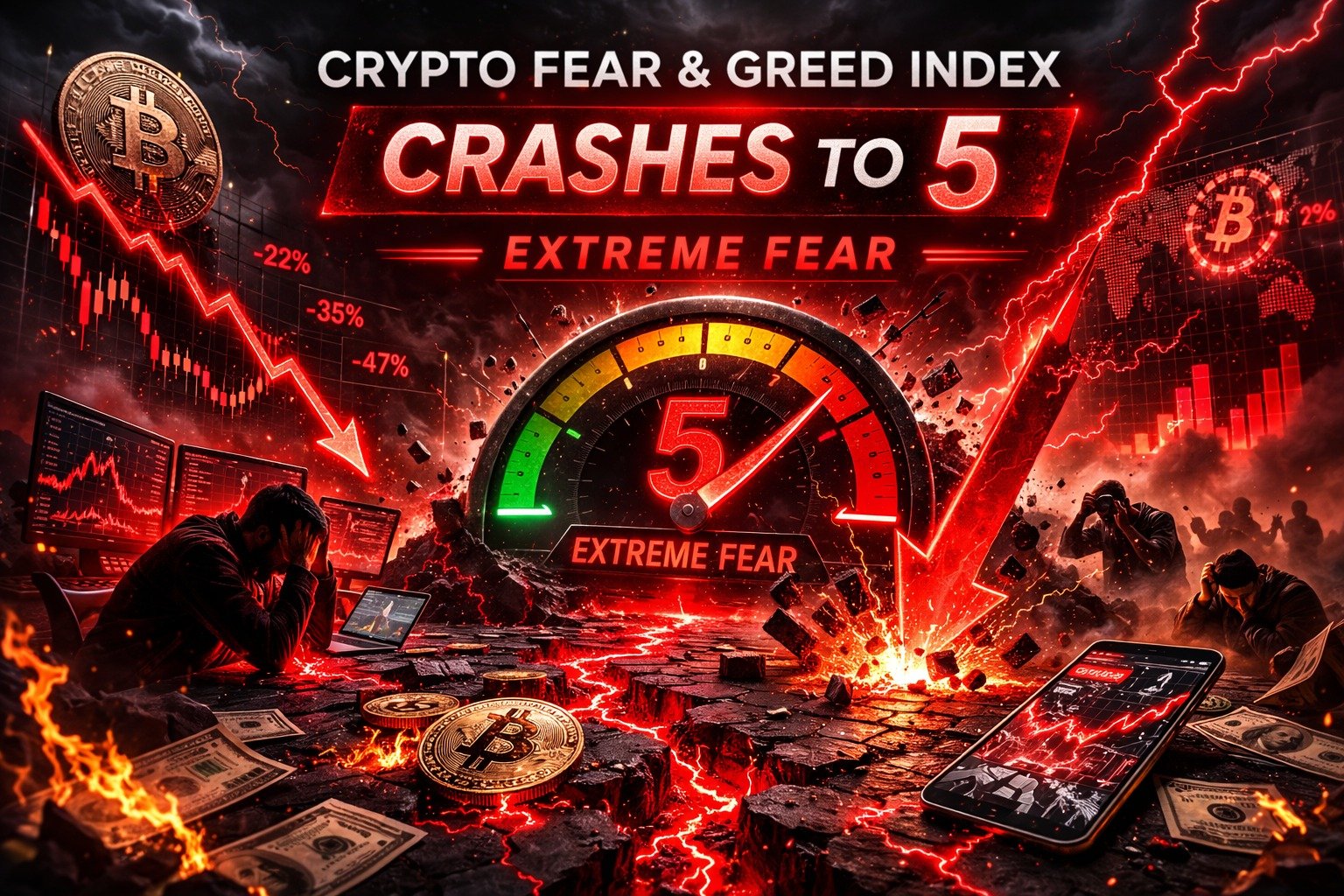 Crypto Fear & Greed Index at 5 showing Extreme Fear as Bitcoin price chart declines sharply amid market panic and high volatility