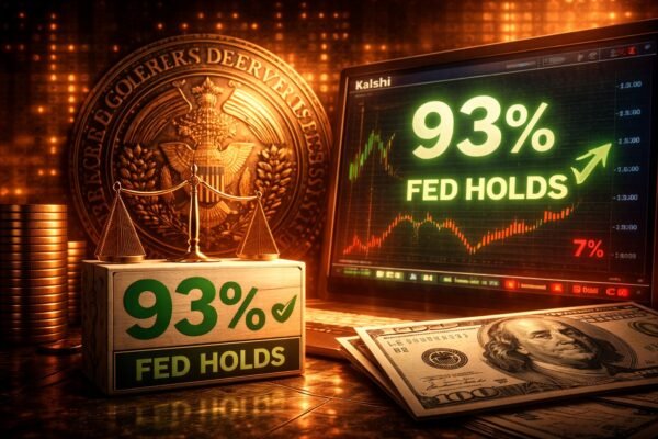Federal Reserve building with market data showing 93% probability of no rate cut in March according to Kalshi traders