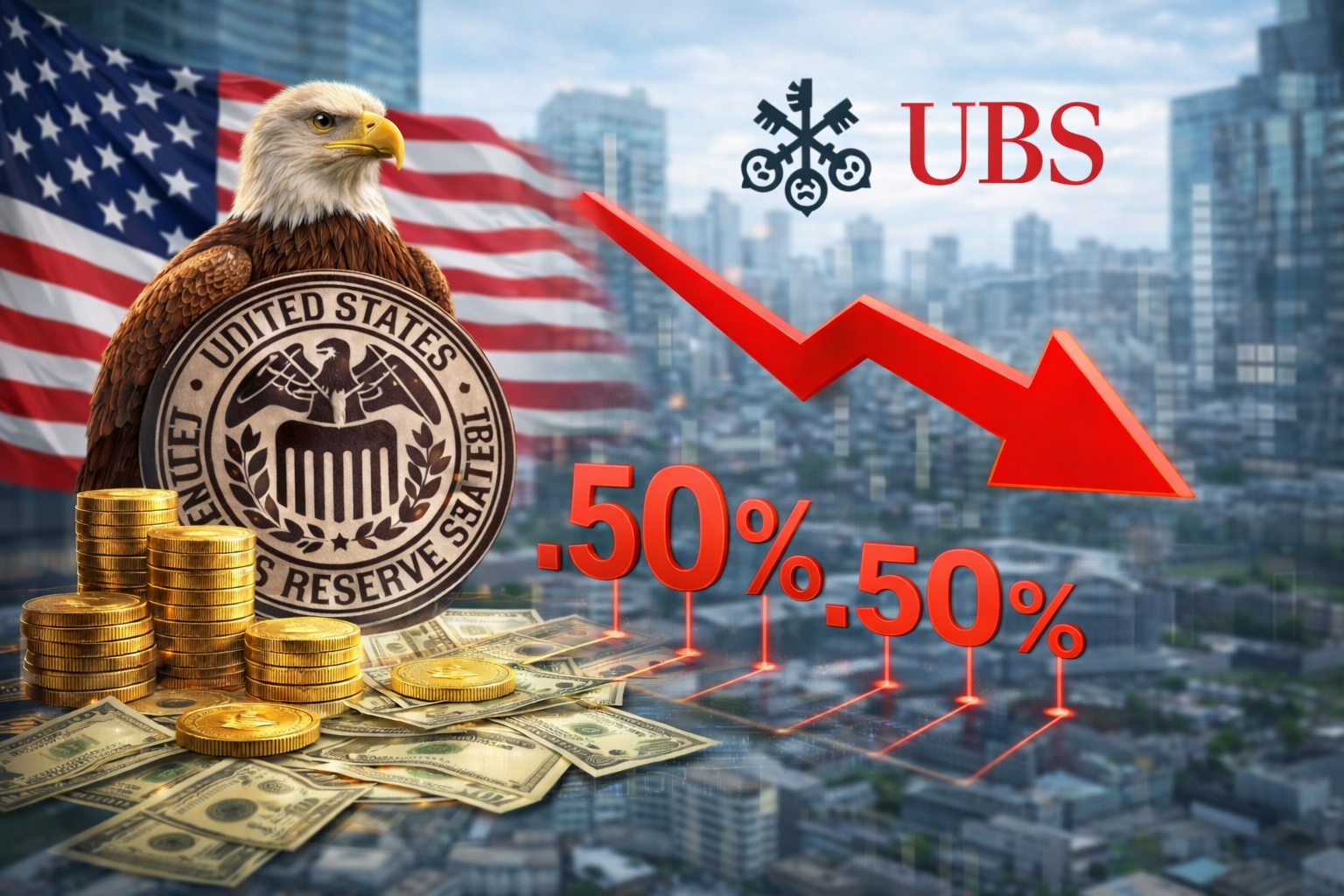 Κτίριο της Federal Reserve με γράφημα επιτοκίων και αγορών, καθώς οι επενδυτές αναμένουν πιθανές μειώσεις επιτοκίων μέσα στο 2024