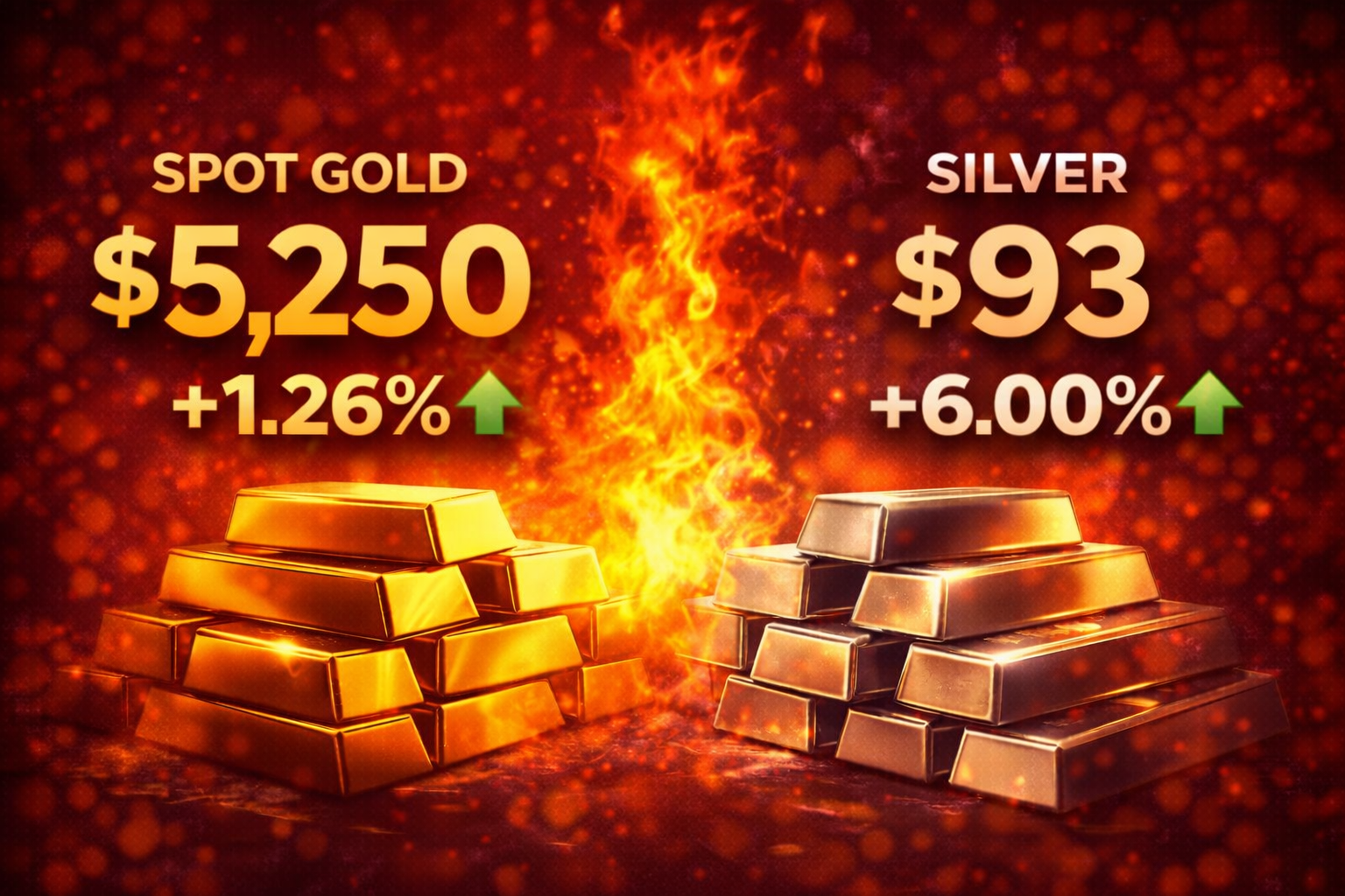 Διάγραμμα τιμών χρυσού και ασημιού να εκτοξεύονται σε ιστορικά επίπεδα πάνω από $5.250 και $93 αντίστοιχα, δείχνοντας ισχυρό ράλι στα πολύτιμα μέταλλα