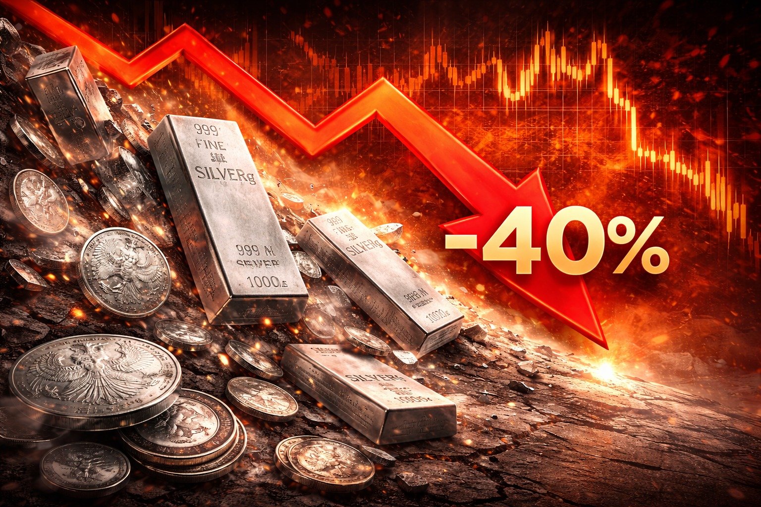 Ράβδοι ασημιού με έντονη πτώση σε χρηματιστηριακό γράφημα στο φόντο, που αποτυπώνει τη διόρθωση του silver σχεδόν 40% από το ιστορικό υψηλό.