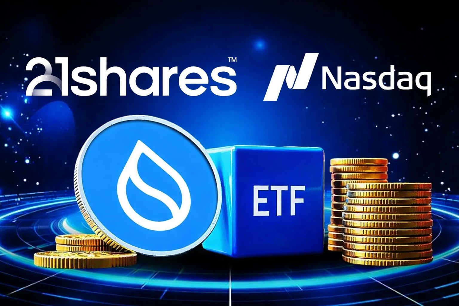 Γραφική απεικόνιση του SUI token δίπλα σε ένα ticker του Nasdaq με το σύμβολο “TSUI”, τονίζοντας την είσοδο του SUI σε regulated χρηματιστηριακό προϊόν.