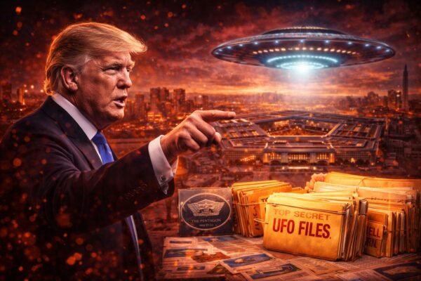 Donald Trump και Πεντάγωνο με γραφικό UFO στον ουρανό, συμβολίζοντας την αποδέσμευση κυβερνητικών αρχείων για UAP και εξωγήινη ζωή