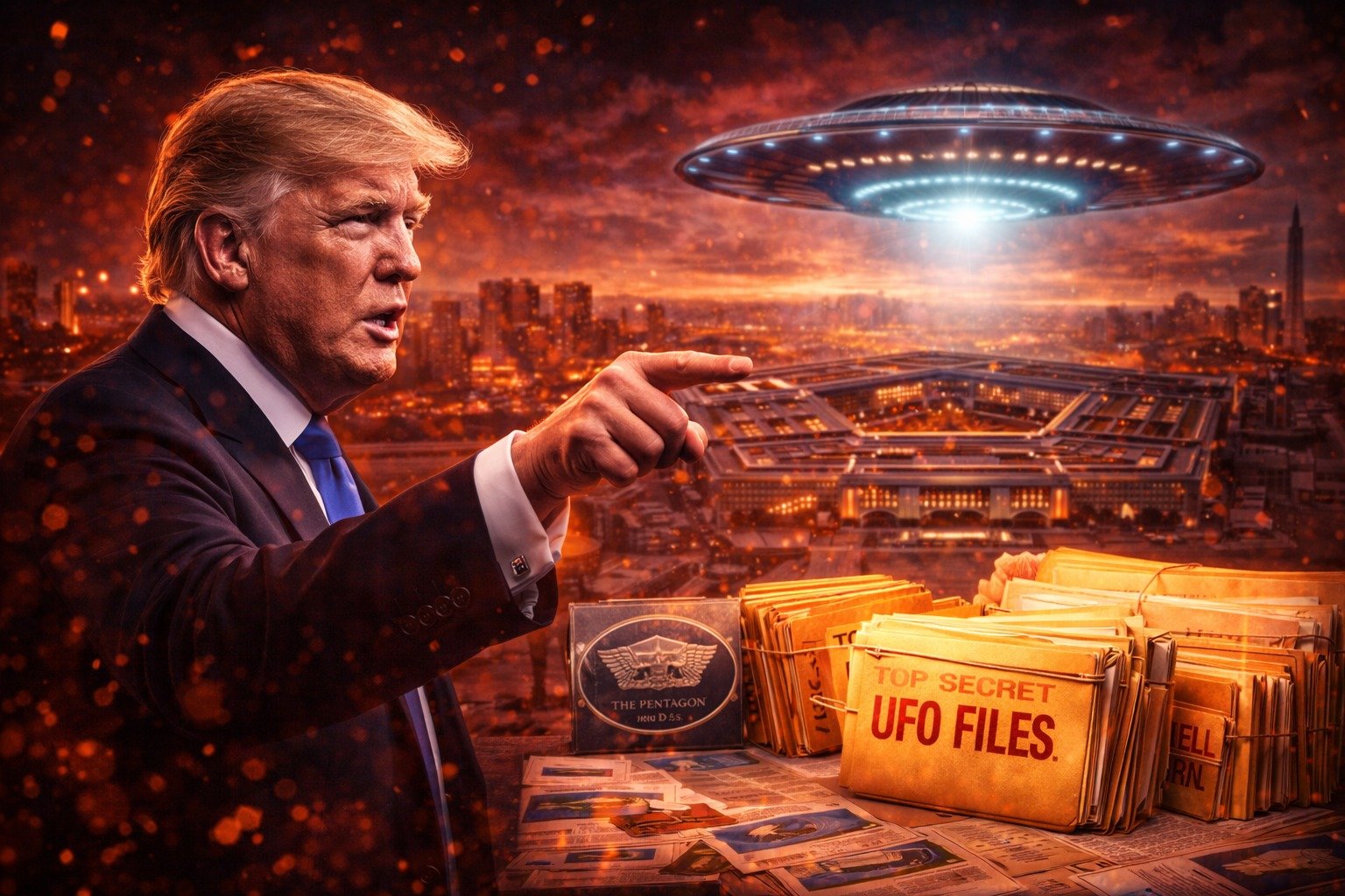 Donald Trump και Πεντάγωνο με γραφικό UFO στον ουρανό, συμβολίζοντας την αποδέσμευση κυβερνητικών αρχείων για UAP και εξωγήινη ζωή