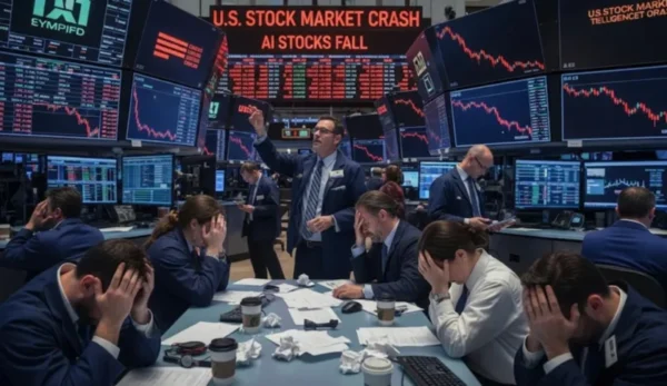 Γράφημα της Wall Street με έντονη πτώση στους δείκτες Dow Jones, S&P 500 και Nasdaq καθώς τεχνολογικές μετοχές χάνουν σχεδόν 800 δισ. δολάρια εν μέσω φόβων για AI disruption και επιστροφής εμπορικού πολέμου.