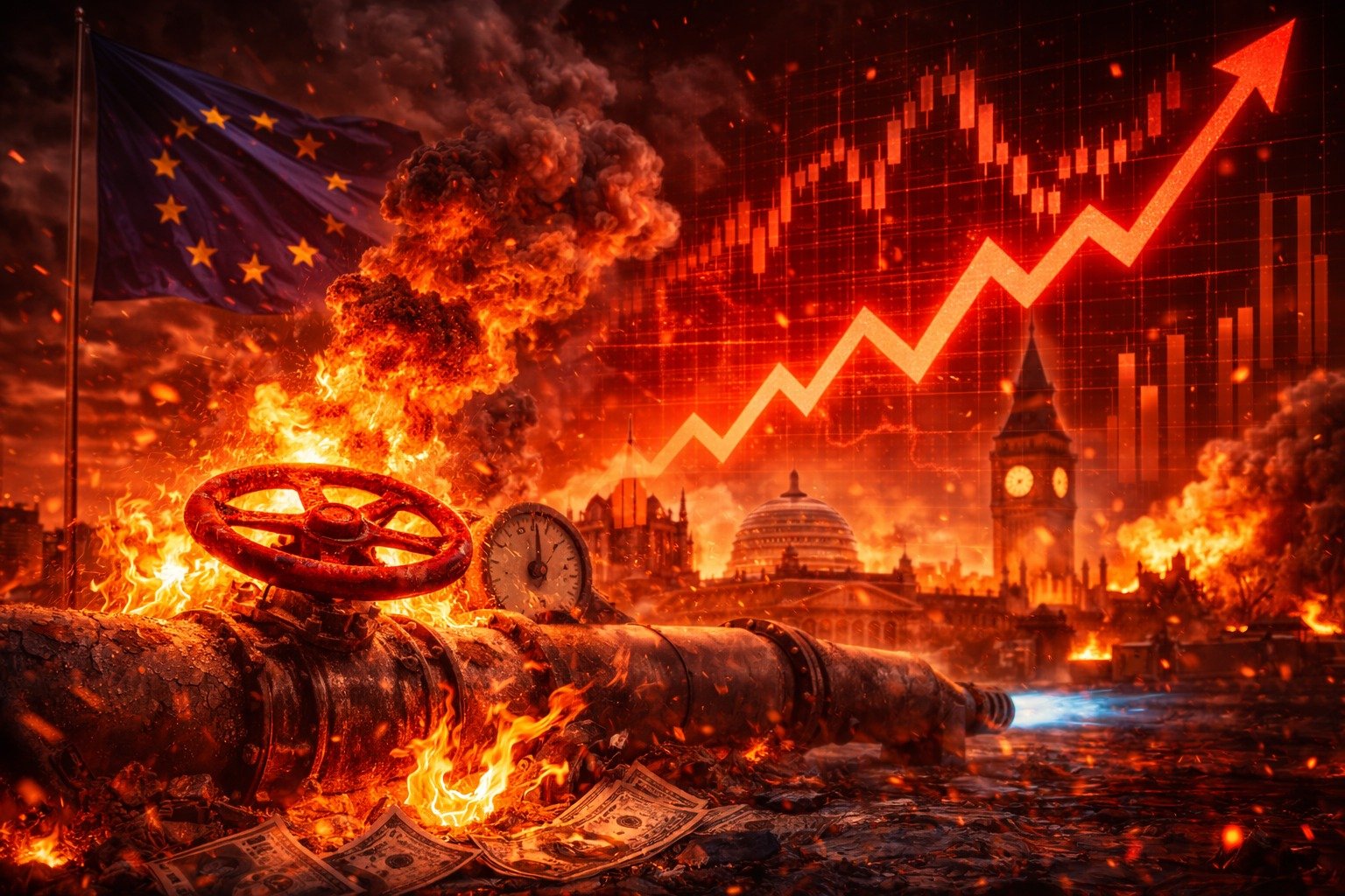 Γράφημα τιμής Dutch TTF φυσικού αερίου με απότομη άνοδο άνω του 30%, φόντο ευρωπαϊκός ενεργειακός χάρτης και εγκαταστάσεις LNG, που αποτυπώνει την ενεργειακή αναταραχή στην Ευρώπη μετά τη διακοπή παραγωγής στο Κατάρ.