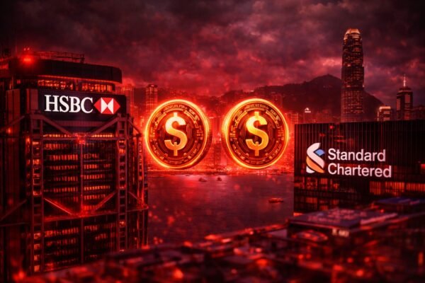 Τα λογότυπα των τραπεζών HSBC και Standard Chartered με φόντο τον ορίζοντα του Χονγκ Κονγκ και γραφικά ψηφιακών νομισμάτων, σηματοδοτώντας την είσοδό τους στην αγορά των stablecoins