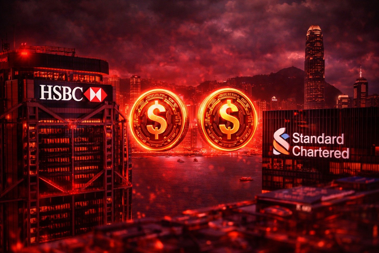 Τα λογότυπα των τραπεζών HSBC και Standard Chartered με φόντο τον ορίζοντα του Χονγκ Κονγκ και γραφικά ψηφιακών νομισμάτων, σηματοδοτώντας την είσοδό τους στην αγορά των stablecoins