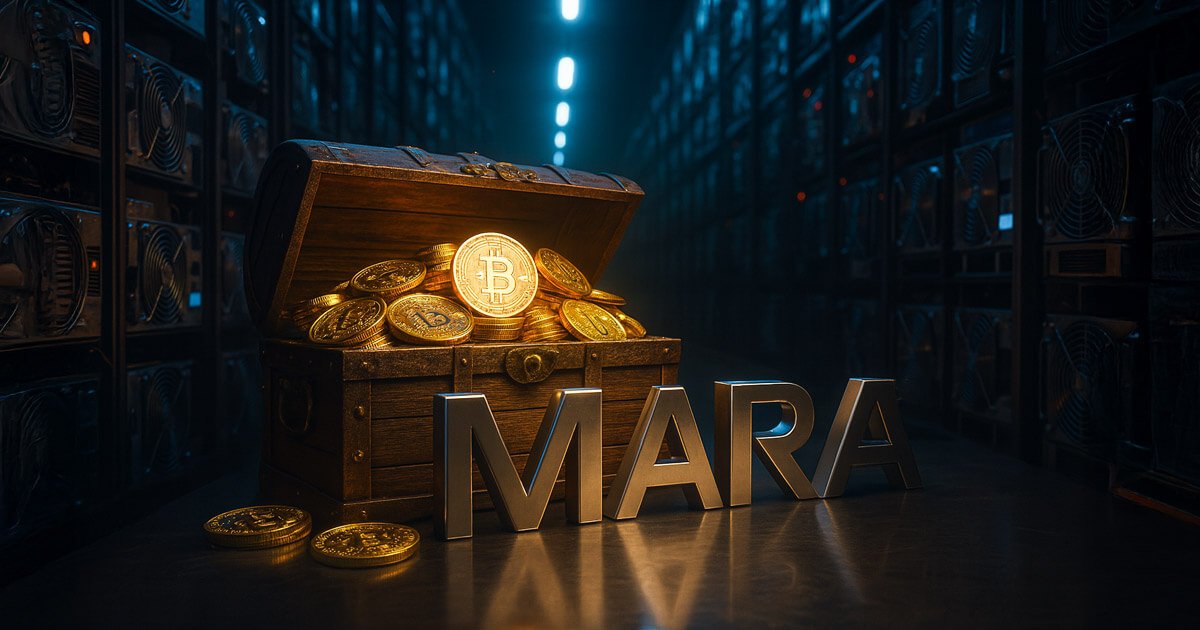 MARA Holdings logo μπροστά από γραφικό Bitcoin και ψηφιακό background data center, συμβολίζοντας τα 53.822 BTC αποθεματικά και την πιθανή πώληση μέρους του treasury.