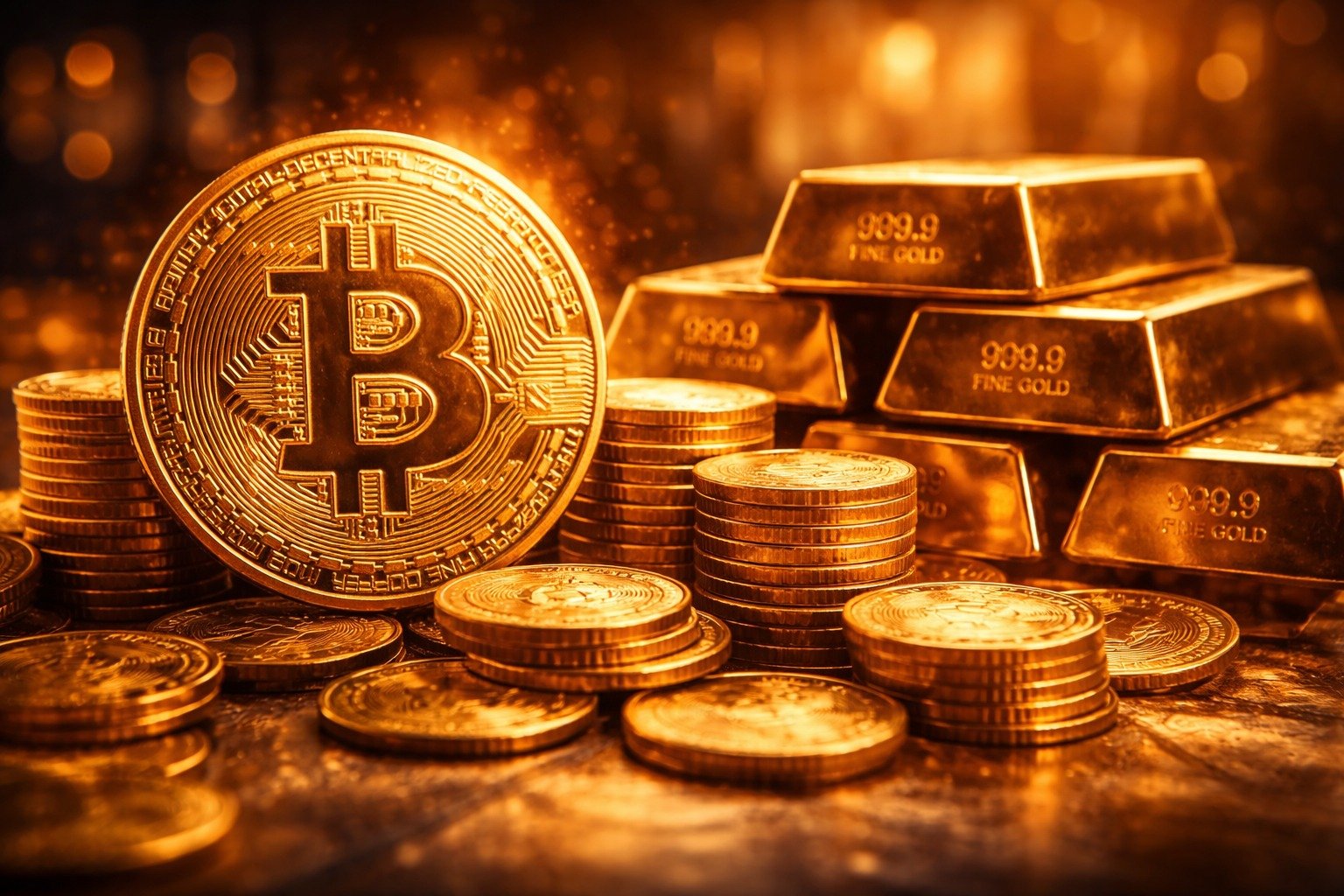 Ένα φυσικό νόμισμα Bitcoin τοποθετημένο πάνω σε ράβδους χρυσού σε φόντο οικονομικών γραφημάτων, συμβολίζοντας τη συμπληρωματική σχέση των δύο assets σύμφωνα με τον Andy Schectman το 2026